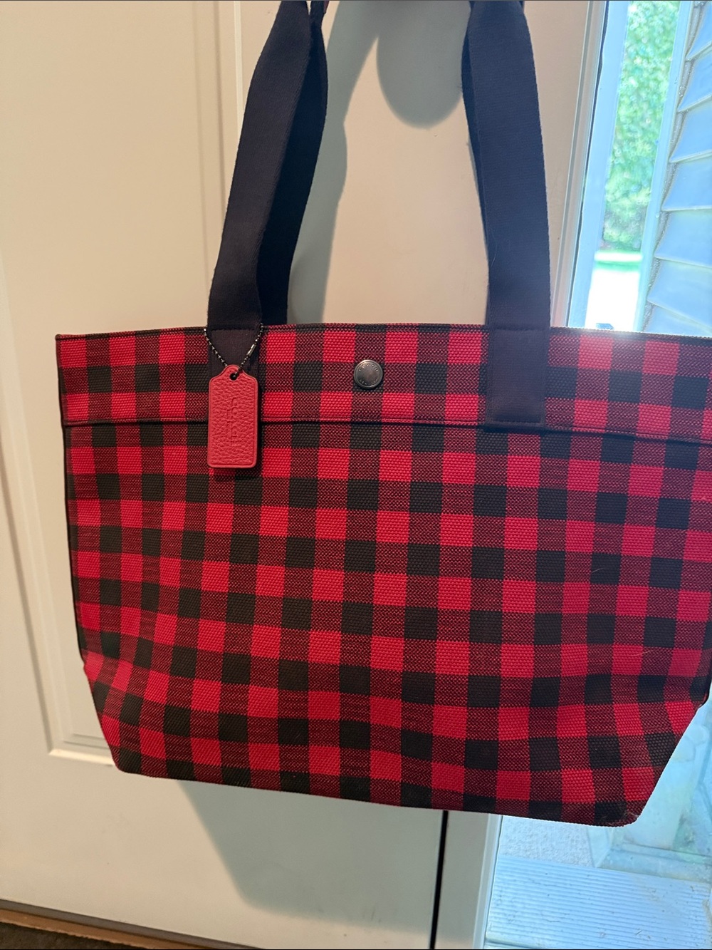 Never used Coach Red and Black Buffalo Plaid Tote Bag